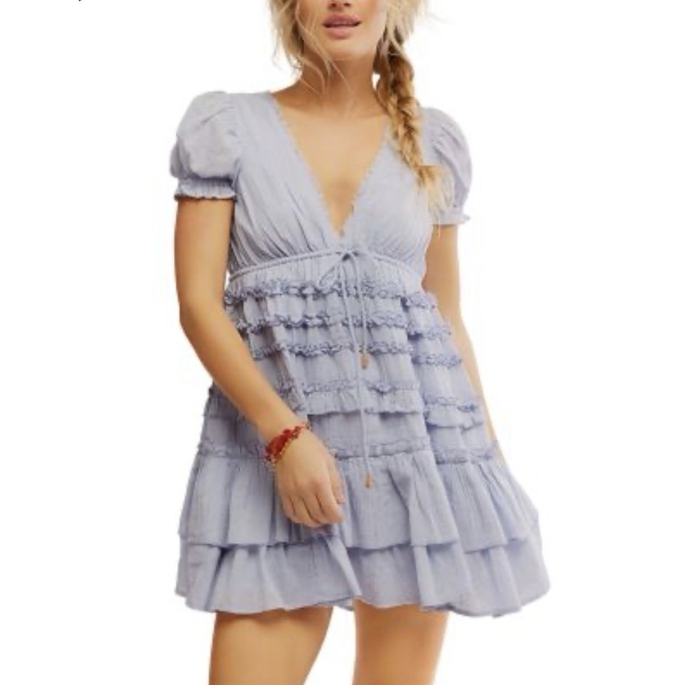 NWT Free People Women's M Darcy Mini Dress Tiered Ruffle Babydoll Baby‎ Blue